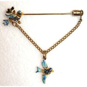 VTG Art Nouveau Style Bluebird of Happiness Stick Lapel Pin Brooch Dangle Charm